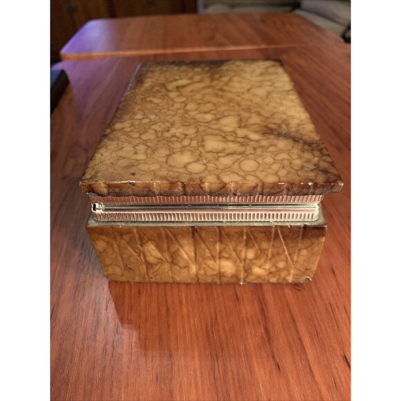 Vintage Italian Marble Tortoiseshell Look Hinged Box Silver-Tone Trim Jewelry Tr - Picture 5 of 16